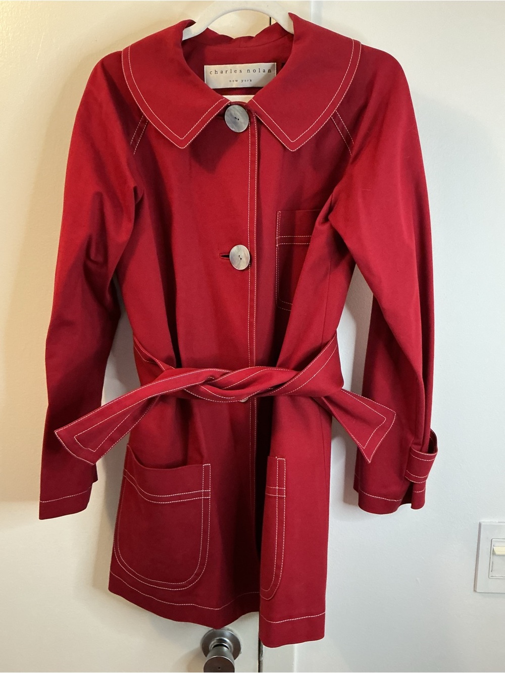 Charles Nolan Red Belted Trench Coat with Contrast Stitching